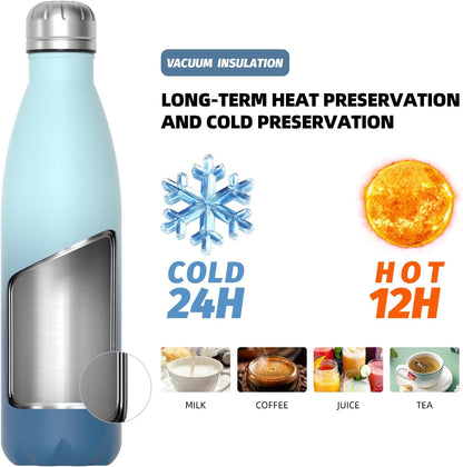 WATERSY Stainless Steel water bottles,17oz/500ml Insulated Water Bottles,Deep Blue metal water bottle Keeps Drink Cold and Hot,BPA Free kids water bottles for School,Gym,Travel,Sports