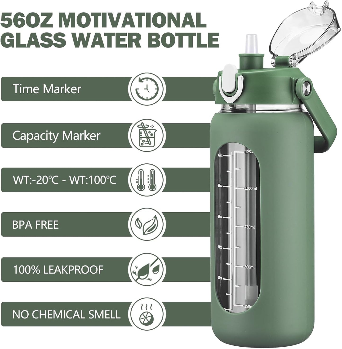64oz Glass Water Bottles with Straw, Half Gallon Motivational Glass Bottle with Silicone Sleeve and Time Marker, 2L Leakproof Large Glass Water Jug for Gym Home Office,olive