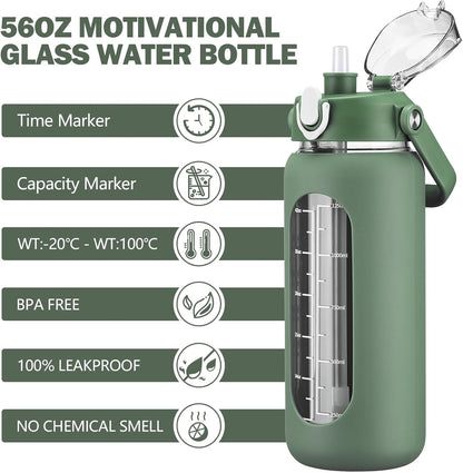 64oz Glass Water Bottles with Straw, Half Gallon Motivational Glass Bottle with Silicone Sleeve and Time Marker, 2L Leakproof Large Glass Water Jug for Gym Home Office,olive