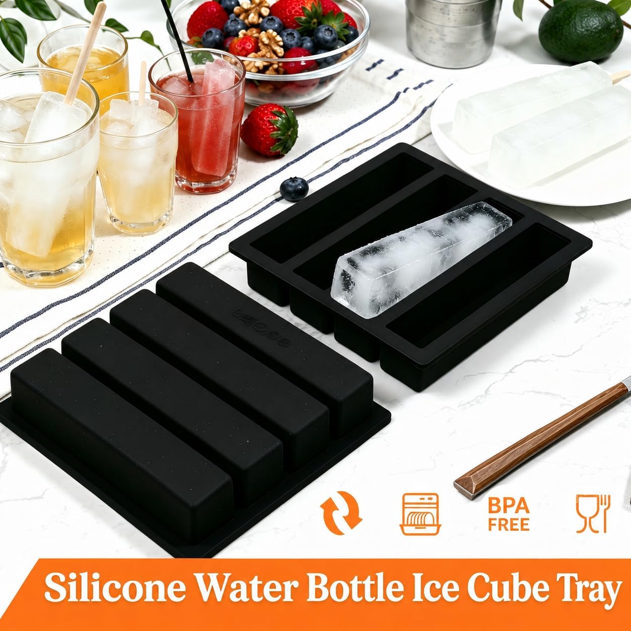 Webake Silicone Water Bottle Ice Cube Trays Mold Set of 2, Easy Release Long Ice Cube Sticks For Cocktail and Whisky