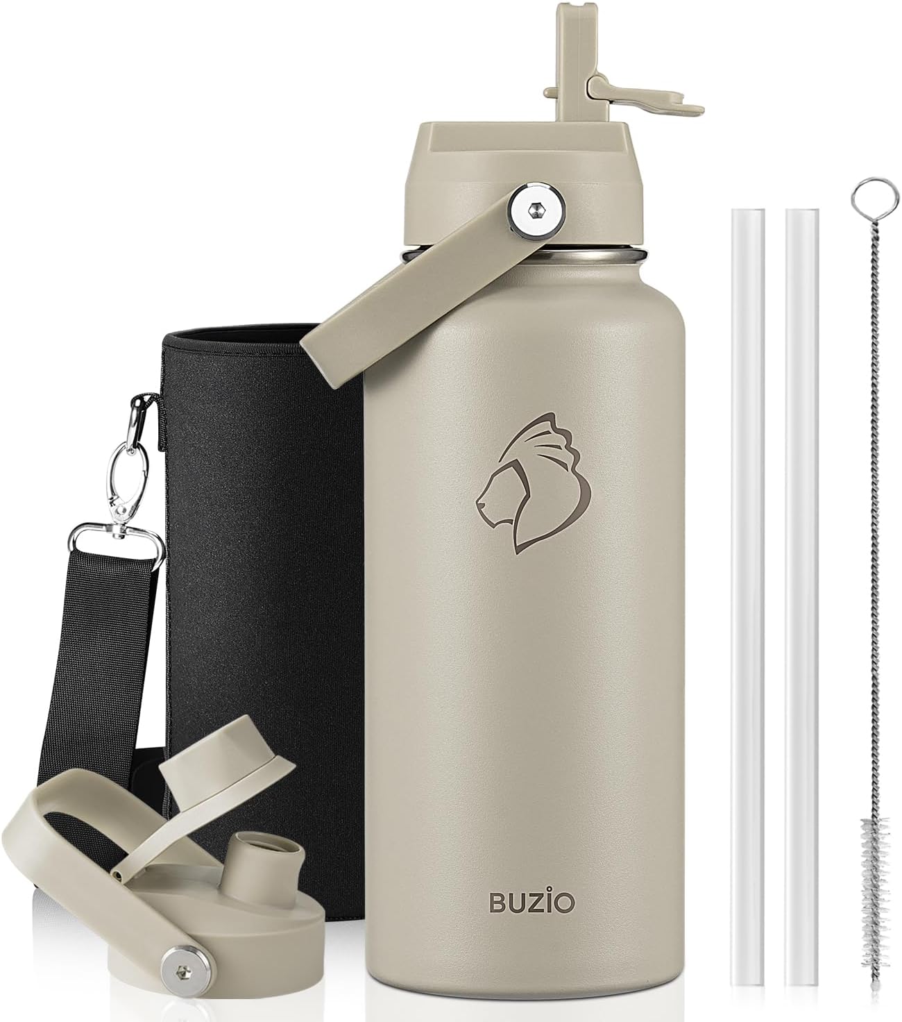 BUZIO 40oz Insulated Water Bottle, Triple Wall Vacuum Stainless Steel Water Flask with 2 lids, Lead-Free BPA-Free Straw Lid Sports Canteen Jug, Cold 48H & Hot 24H- Black - Colors A