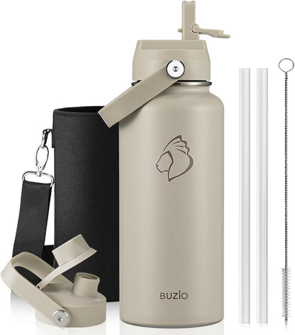 BUZIO 40oz Insulated Water Bottle, Triple Wall Vacuum Stainless Steel Water Flask with 2 lids, Lead-Free BPA-Free Straw Lid Sports Canteen Jug, Cold 48H & Hot 24H- Black - Colors A