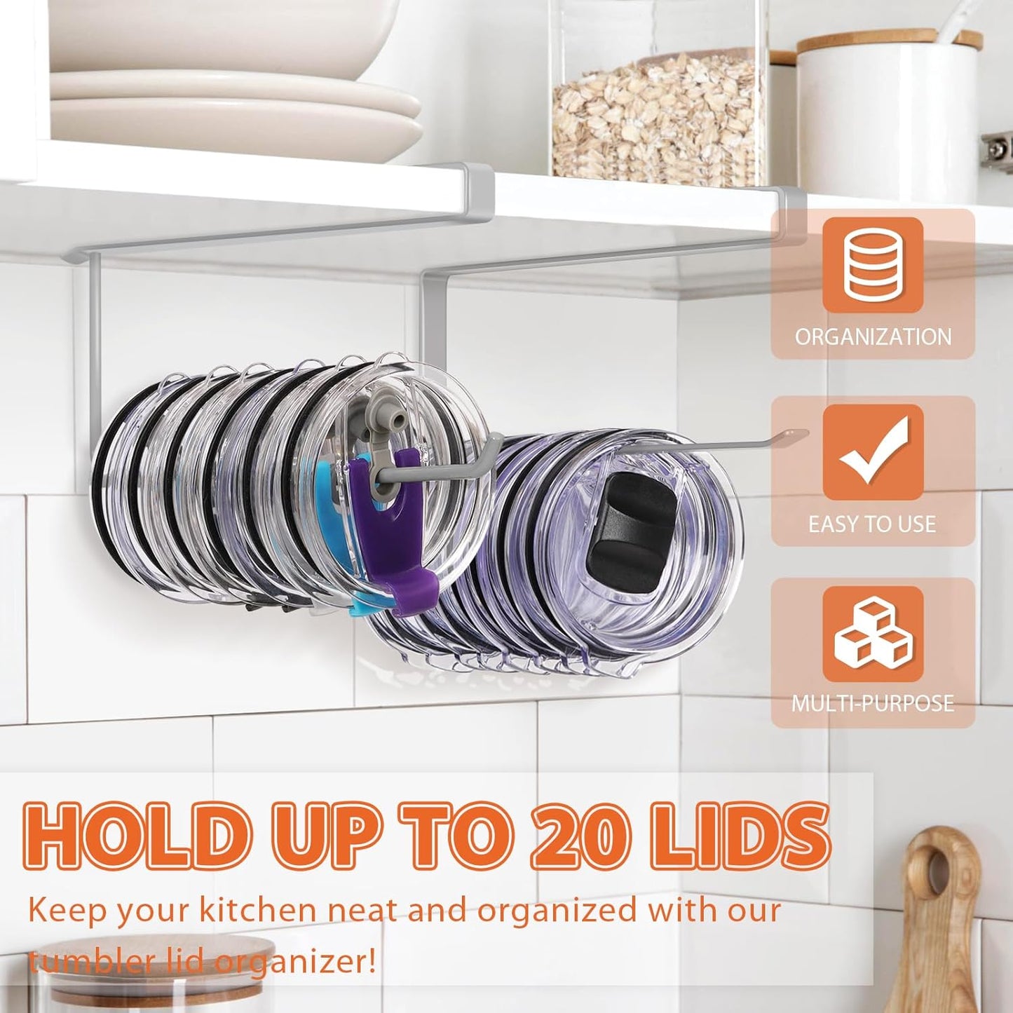 Tumbler Lid Organizer, Horizontal Tumbler Lid Storage Hook Up to 10 Lids, Space Saving Cup Lid Holders Under Cabinet Tumbler Lid Hook for Kitchen Organizer and Storage,Hanging Paper Towel Rack Hanger