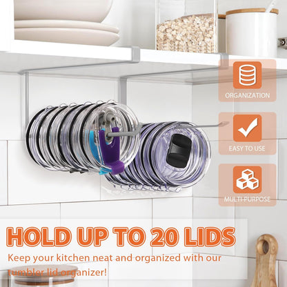 Tumbler Lid Organizer, Horizontal Tumbler Lid Storage Hook Up to 10 Lids, Space Saving Cup Lid Holders Under Cabinet Tumbler Lid Hook for Kitchen Organizer and Storage,Hanging Paper Towel Rack Hanger