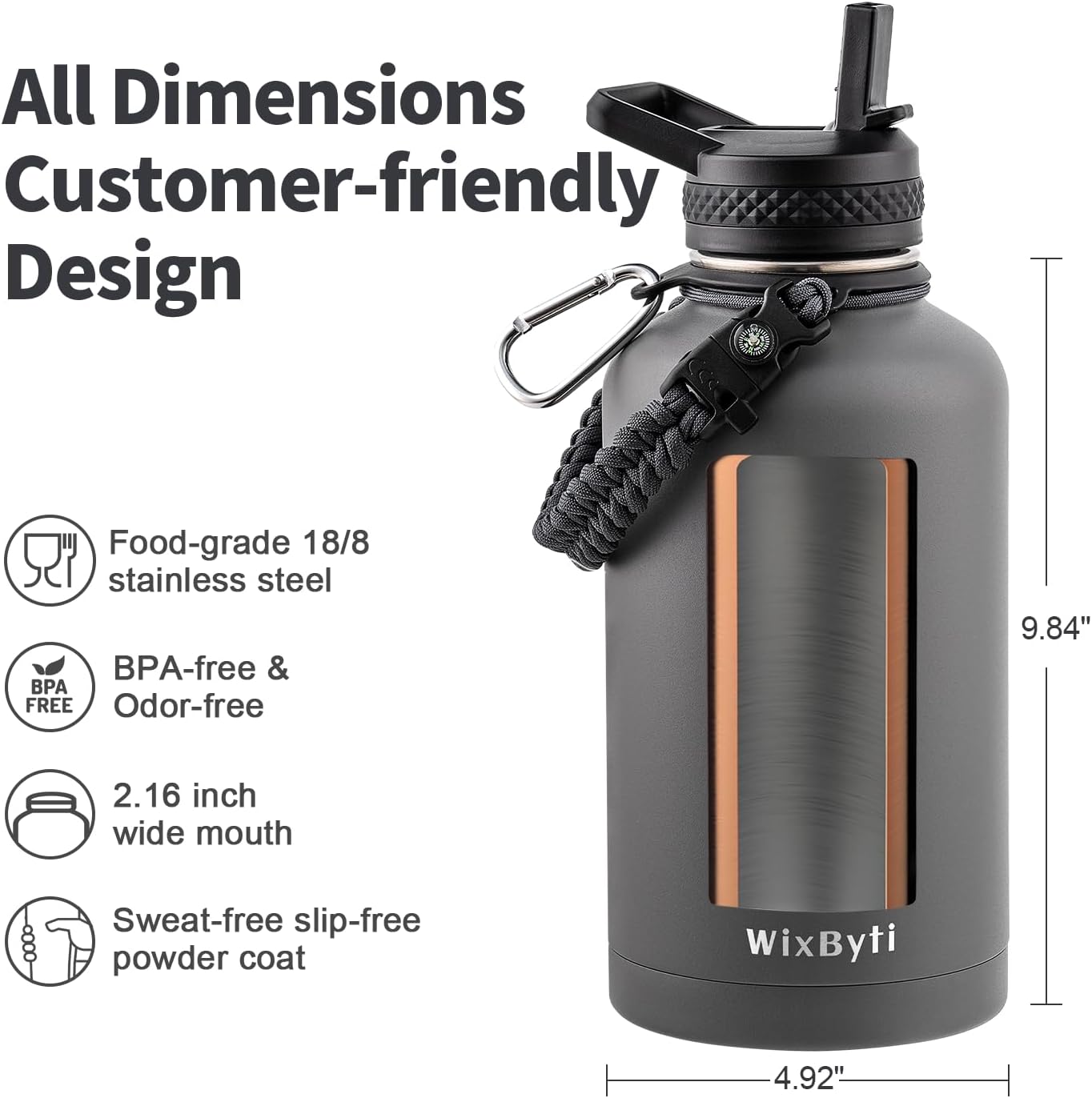 WixByti 40 oz Insulated Water Bottle with Straw (Cold for 36 Hrs), Stainless Steel Triple Wall Vacuum Sports Water Jug, Leakproof Hydro Cup Flask with Paracord Handle & Straw Spout Lids & DIY Stickers