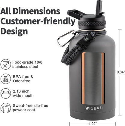 WixByti 40 oz Insulated Water Bottle with Straw (Cold for 36 Hrs), Stainless Steel Triple Wall Vacuum Sports Water Jug, Leakproof Hydro Cup Flask with Paracord Handle & Straw Spout Lids & DIY Stickers