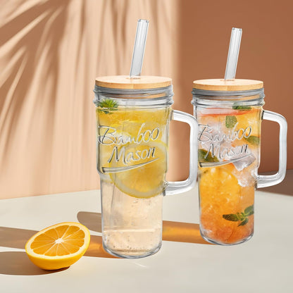 ANOTION Bamboo Mason Leakproof Mason Jar Cups with Lids and Straws, Cap Cup 24oz Glass Tumbler with Handle, Rotating Lid Silicone Straw, Reusable Iced Coffee Matcha Cup Coffee Gifts for Women 2pc