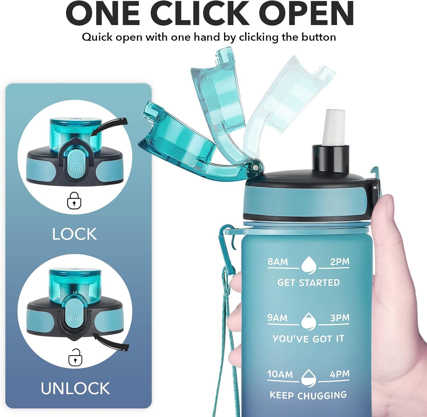 Enerbone Water Bottle, Leakproof BPA & Toxic Free, Motivational Water Bottle with Times to Drink and Straw, Fitness Sports Water Bottle with Strap for Office, Gym, Outdoor Sports