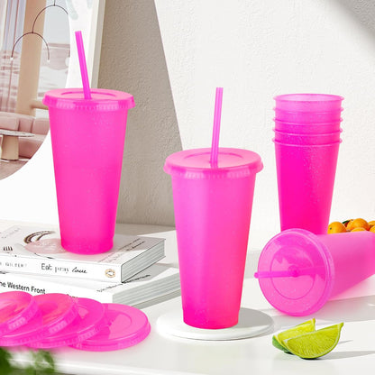 Hxezoc 16-Piece Reusable Cups with Lids and Straws, 24 oz Glitter Plastic Tumbler Iced Coffee Cups Travel Mug Cup for Smoothie Juices Beach or Bachelor Party (Black)