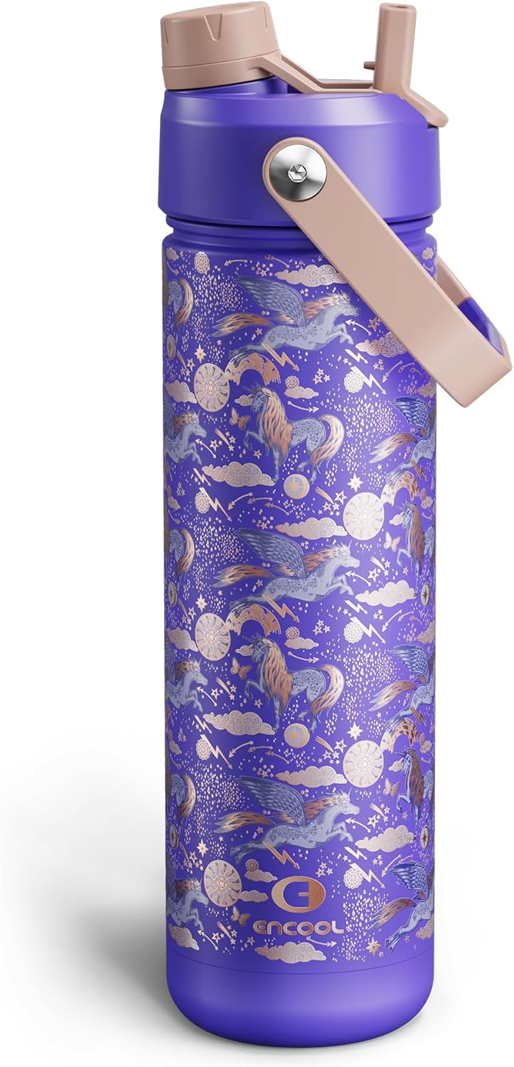 ENCOOL Insulated Water Bottle with Straw Stainless Steel Water Bottle, Leak-Proof, BPA-Free, Double Wall Vacuum Keeps Cold for 24 Hours for Sports, Travel, School (26 oz, Cotton Candy) - Colors A