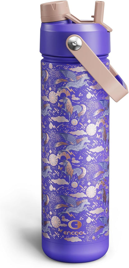 ENCOOL Insulated Water Bottle with Straw Stainless Steel Water Bottle, Leak-Proof, BPA-Free, Double Wall Vacuum Keeps Cold for 24 Hours for Sports, Travel, School (26 oz, Cotton Candy) - Colors A