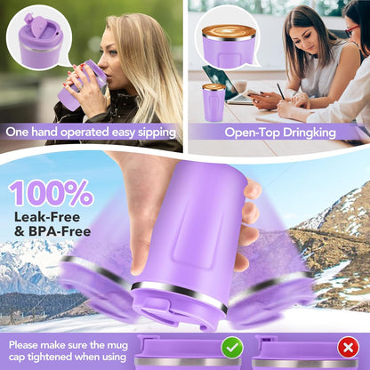 Volhoply 12 oz Double Wall Insulated Vacuum Travel Coffee Mugs with Flip Lid Bulk 2 Pack,Reusable Stainless Steel Leak Proof Coffee Cup,Portable Cafe Thermal Tumbler for Hot & Cold Drinks(Mix,2 Set)