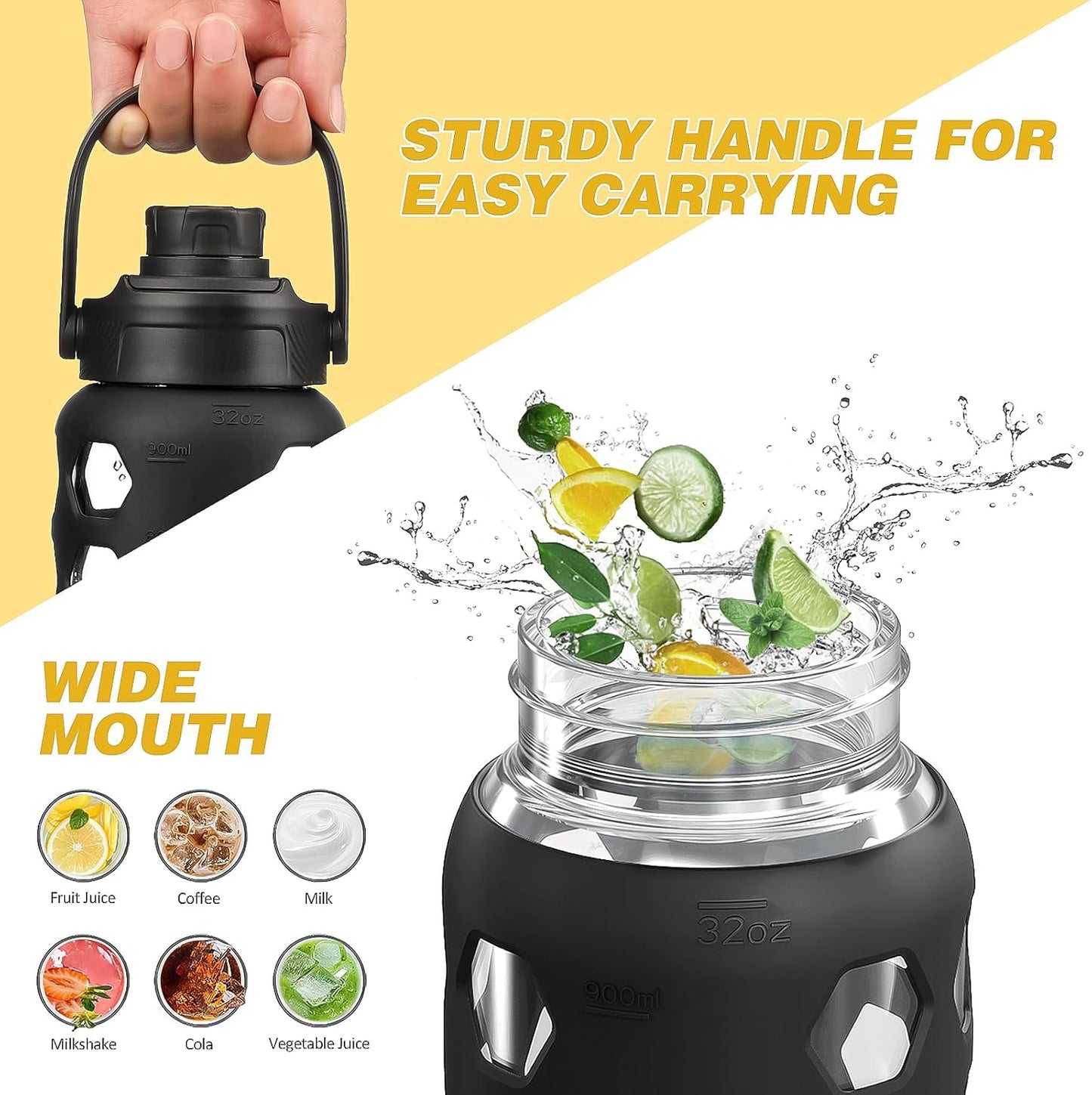 MUKOKO Glass Water Bottles, 32oz Glass Tumbler with Straw, Drinking Bottles with 2 Lids-Handle Spout Lid&Bamboo Straw Lid, Motivational Water Bottle with Time Marker and Silicone Sleeve, 1 Pack-Olive