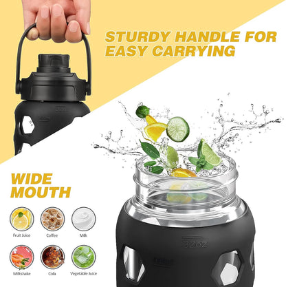 MUKOKO Glass Water Bottles, 32oz Glass Tumbler with Straw, Drinking Bottles with 2 Lids-Handle Spout Lid&Bamboo Straw Lid, Motivational Water Bottle with Time Marker and Silicone Sleeve, 1 Pack-Olive
