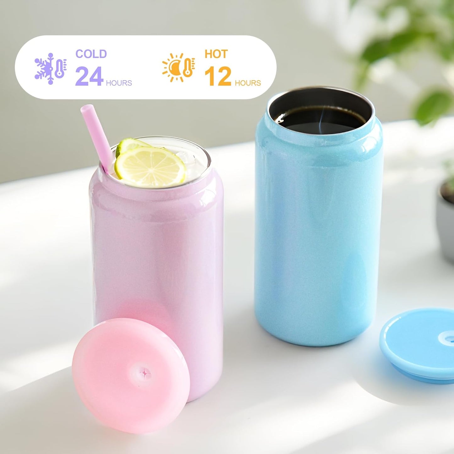 6 Pack Glass Cups with Lids and Straws Unbreakable 16 oz Stainless Steel Can Cup Double Wall Insulated Beer Can Tumbler for Iced Coffee, Juice, Soda, Matte-Colored