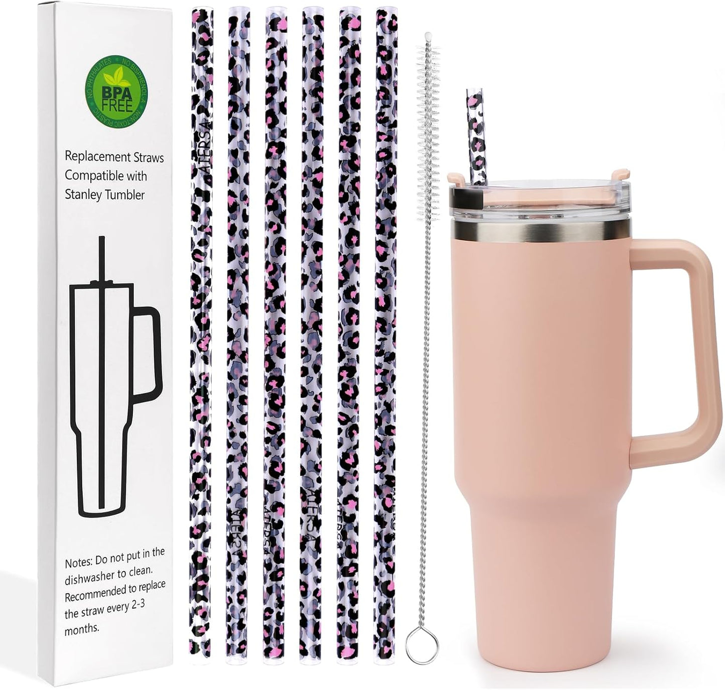 AIERSA 6 Pack Silicone Replacement Straws for Stanley 20 30 40oz Cup,Reusable Straws Compatible 40 oz Stanley Tumbler,Long Straw with Cleaning Brush for Stanley Cup Accessories