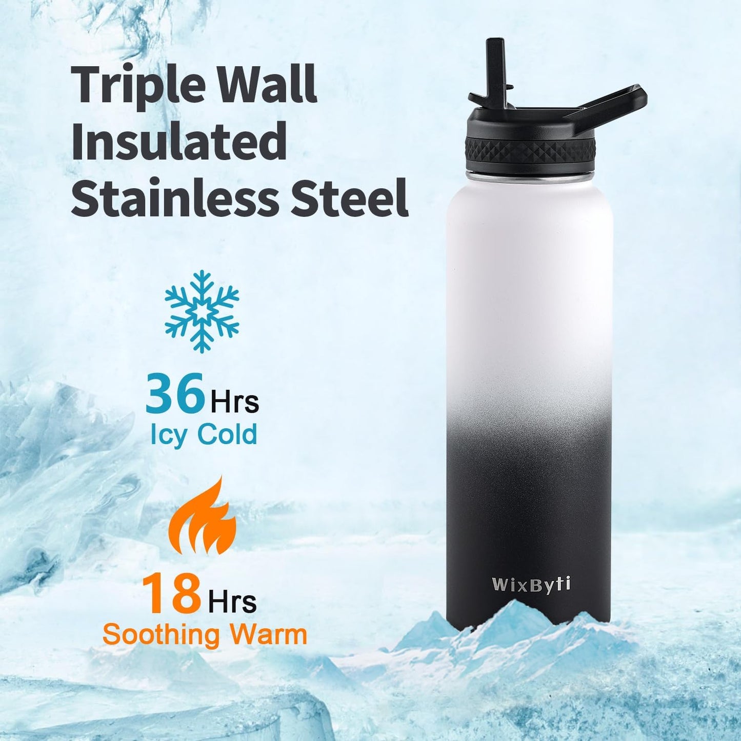 WixByti 40 oz Insulated Water Bottle with Straw (Cold for 36 Hrs), Stainless Steel Triple Wall Vacuum Sports Water Jug, Leakproof Hydro Cup Flask with Paracord Handle & Straw Spout Lids & DIY Stickers