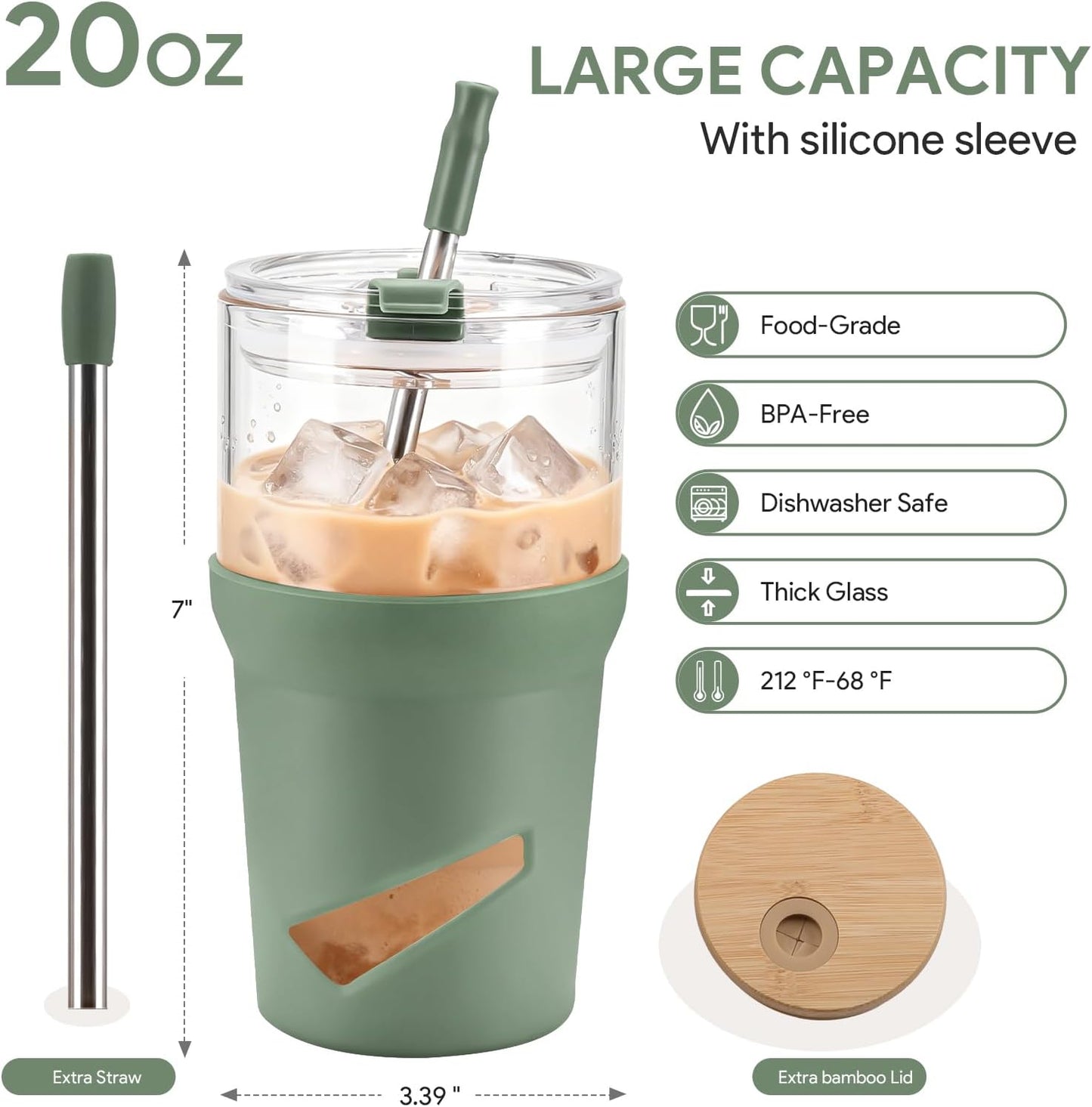 Glass Tumbler with Lids and Straws, 20 oz Iced Coffee Cup and Smoothie Cup with Bamboo Lid and On the go Lid,Glass Cups With Straws