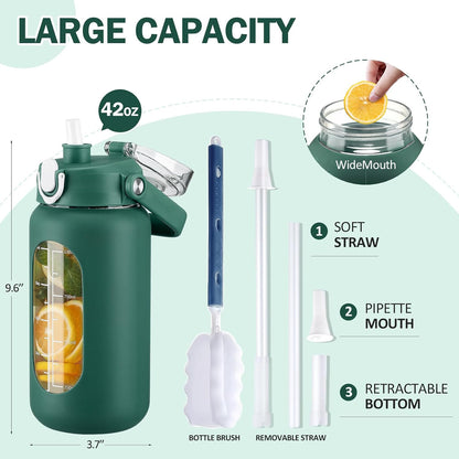 64oz Glass Water Bottles with Straw, Half Gallon Motivational Glass Bottle with Silicone Sleeve and Time Marker, 2L Leakproof Large Glass Water Jug for Gym Home Office,olive
