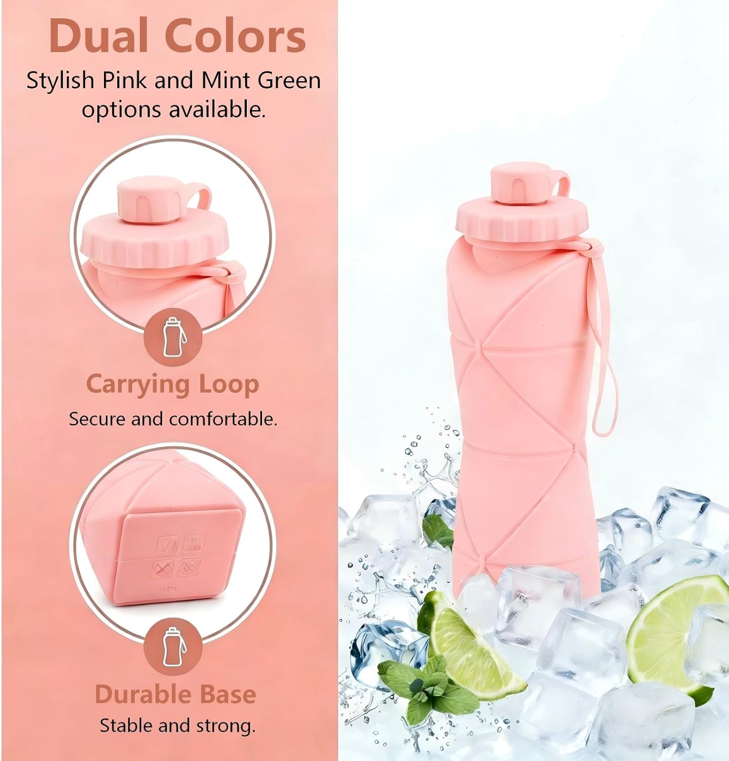 Collapsible Water Bottle 20oz (600ml), BPA-Free Silicone Foldable Portable Lightweight Reusable Water Bottle with Leak-Proof Lid & Lanyard for Outdoor Travel Cycling Gym & Camping (Green)