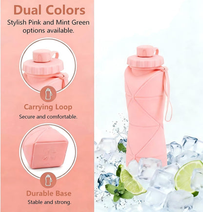 Collapsible Water Bottle 20oz (600ml), BPA-Free Silicone Foldable Portable Lightweight Reusable Water Bottle with Leak-Proof Lid & Lanyard for Outdoor Travel Cycling Gym & Camping (Green)
