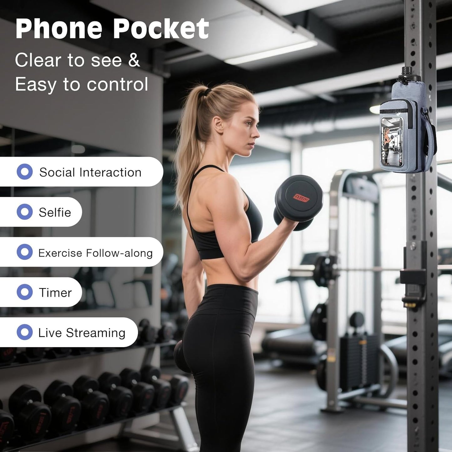 MoKo Magnetic Gym Bag, Magnetic Water Bottle Holder with Clear Phone Pouch, Built-in 4 Magnets Fitness Bag for Men and Women Compatible with Most Water Bottles, Gym Accessories Gifts, Black
