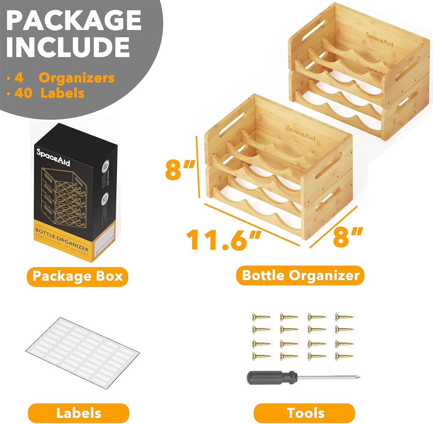 SpaceAid Bamboo Water Bottle Organizer with Labels for Kitchen and Pantry, Storage Rack for Cabinets, Home Cup and Wine Bottle Holder Shelf Organizers, 2 Pack 3-Slot, Hold 6 Bottles