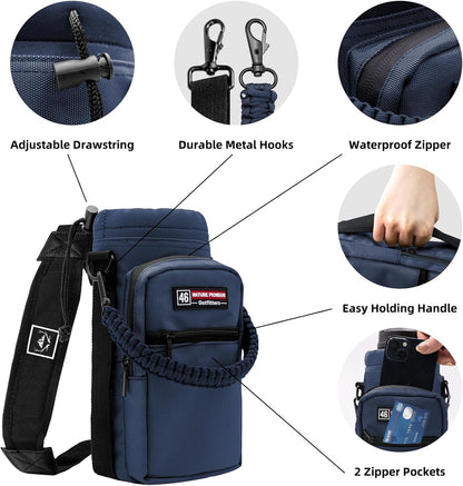 NATURE PIONEOR Water Bottle Holder with Adjustable Strap - 26/32/36/40/46/64oz Insulated Water Bottle Sling Carrier with Paracord Handle & 2 Pockets, Outdoor Sports, Hiking, Camping, Gym