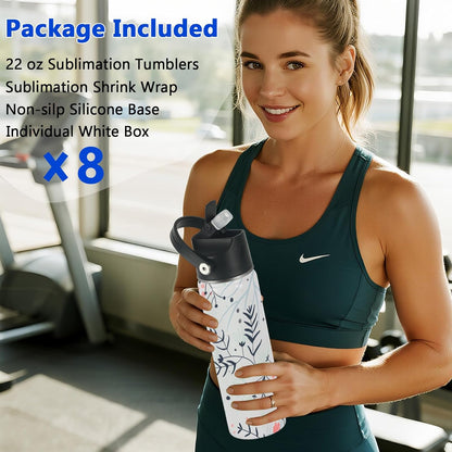 Draheri Sublimation Sports Water Bottle Blanks, 22 oz Sublimation Tumblers Bulk, Stainless Steel Insulated Tumblers with Leak Proof Lid and Portable Handle, Individually Boxed (8 Pack)