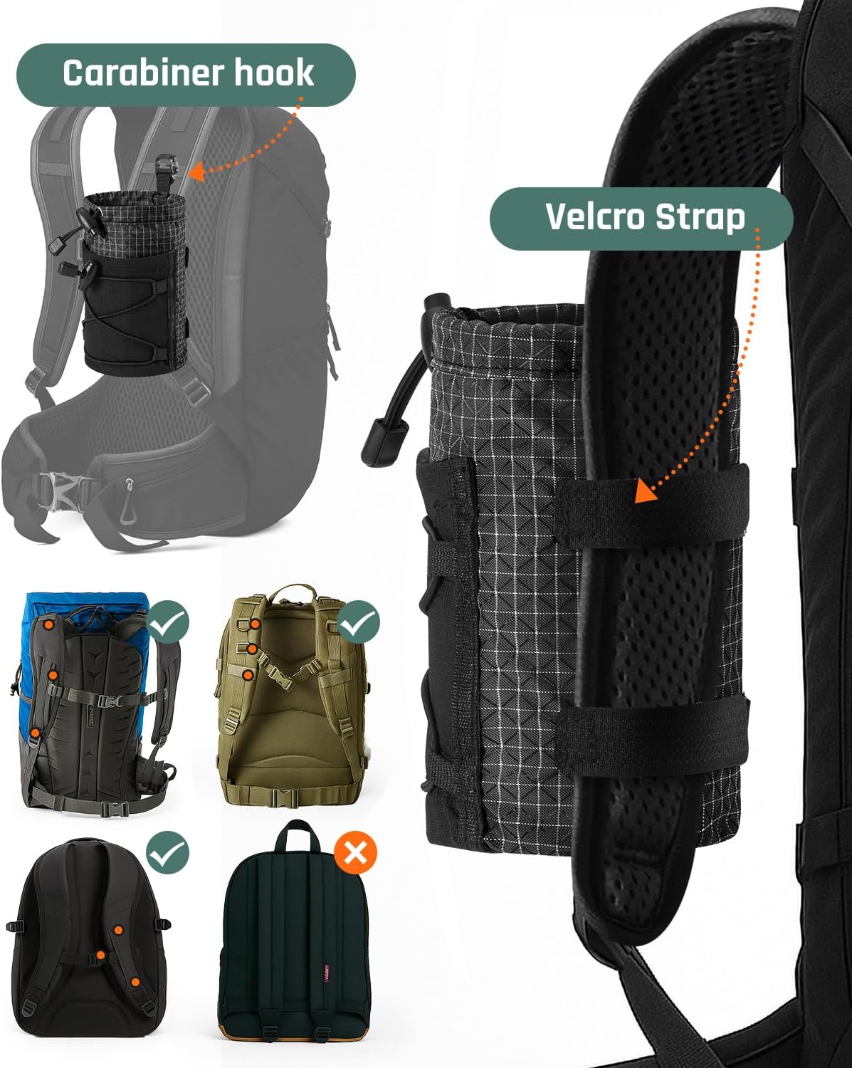 Water Bottle Holder Pouch with Hook Buckle, Backpack Water Bottle Holder Mesh Bag Carrier Fits for 8-24oz Bottles for Hiking, Running, Travel, Outdoor Backpack Accessories & Attachments
