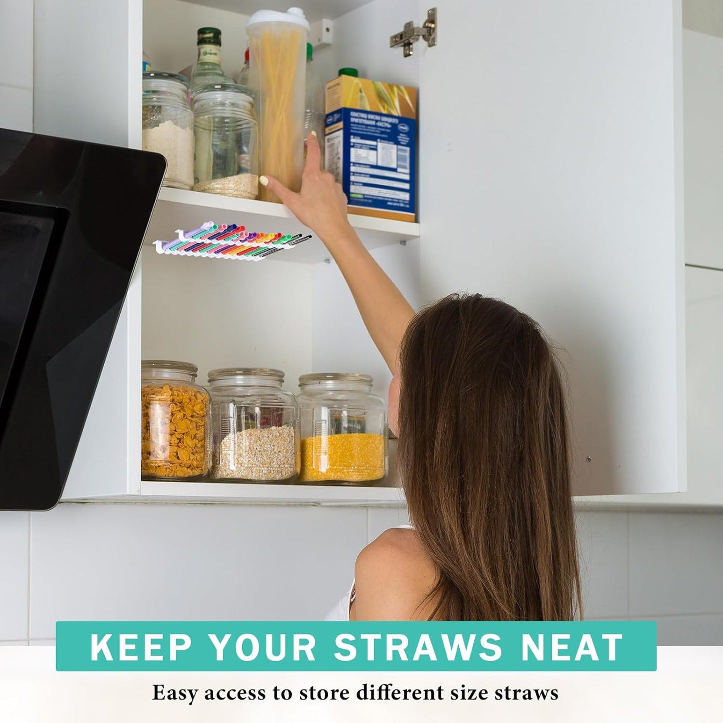 Baderke Straw Holder for Cabinet Reusable Straw Organizer with Double Sided Adhesive Tape Screws Storage Container for Kitchen Counter Cupboard(White,Classic)