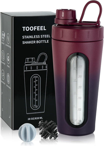 TOOFEEL Shaker Bottles for Protein Mixes 28 oz Stainless Steel Protein Shaker with 2 Mixing Ball, Not Stays Cold/Hot, Visible Window Metal Shaker Cups, Leakproof, BPA Free Bottle Shaker