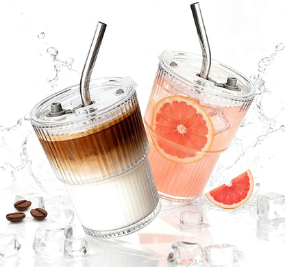 4 Packs Ribbed Glass Tumbler with Lid and Straw 13 oz Cute Ice Coffee Cup Set for Smoothie Juice Matcha Tea Latte Cappuccino Espresso Hot Coffe Water Reusable Clear Travel Boba Aesthetic Drinking Mug