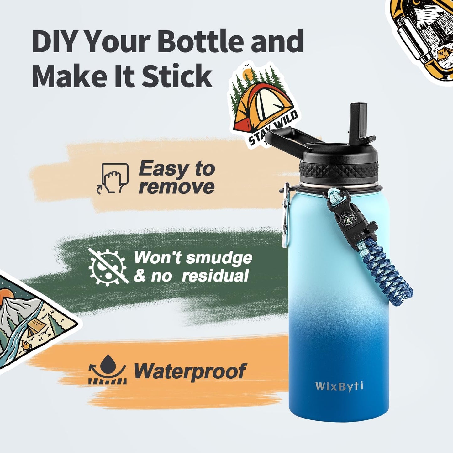 WixByti 40 oz Insulated Water Bottle with Straw (Cold for 36 Hrs), Stainless Steel Triple Wall Vacuum Sports Water Jug, Leakproof Hydro Cup Flask with Paracord Handle & Straw Spout Lids & DIY Stickers