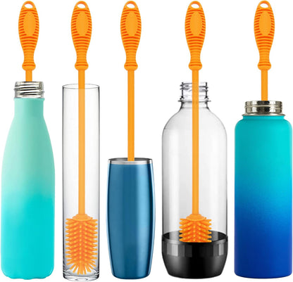 Kitchiny Silicone Bottle Brush with 2 Straw Cleaners - 12.5” Water Bottle Cleaner Brush for Yeti, Hydro Flask, Owala, Stanley, Baby Bottles, Glassware, Vases & Narrow Neck Containers - Orange