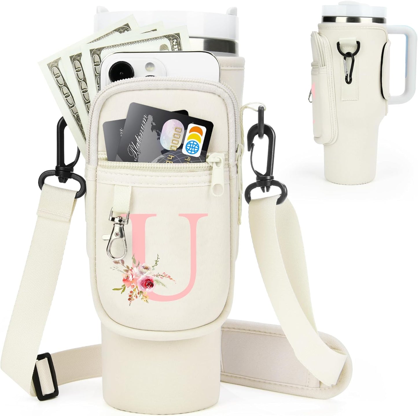 Initial Water Bottle Holder with Strap for Stanley Cup Accessories 40 oz/Simple Modern Tumbler, Birthdays for Women Girls, Water Bottle Carrier Bag with Phone Pocket,Hiking Walking Gym Camping