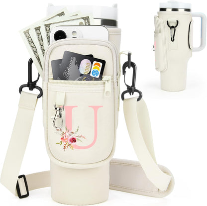 Initial Water Bottle Holder with Strap for Stanley Cup Accessories 40 oz/Simple Modern Tumbler, Birthdays for Women Girls, Water Bottle Carrier Bag with Phone Pocket,Hiking Walking Gym Camping