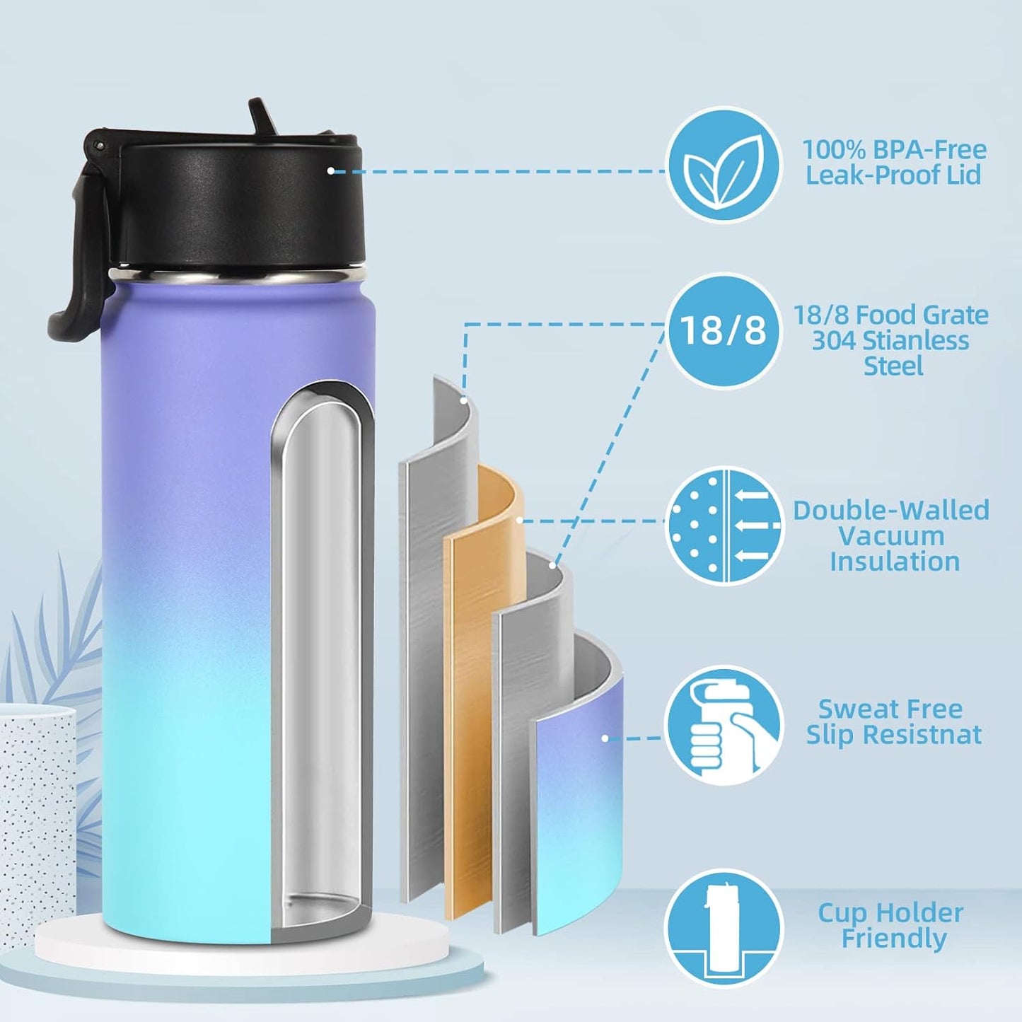 Volhoply 16 OZ Kids Water Bottle Bulk 8 Pack,Insulated Sports Bottles with Straw Lid,Stainless Steel Bottle with Handle Keep Cold & Hot,Double Wall Vacuum Tumbler Cups for School(Eight Color, 8)