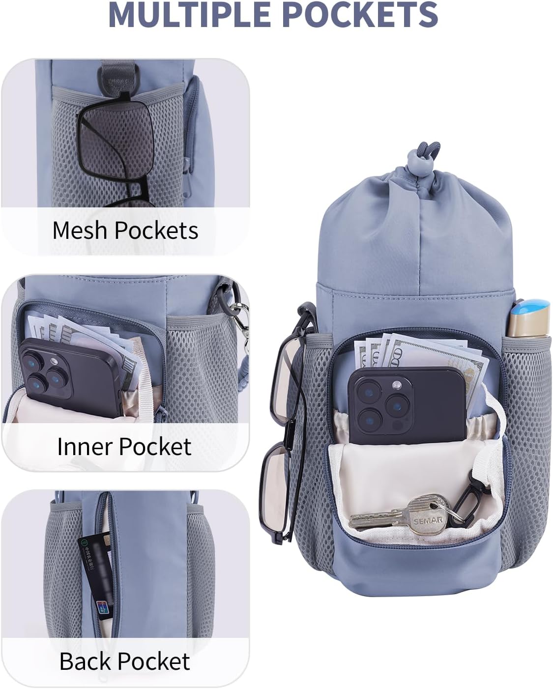 sportsnew Large Water Bottle Bag for 32/40/64oz Cup & Tumbler,Crossbody Insulated Cup Sleeve Bottle Holder Carrier with Strap