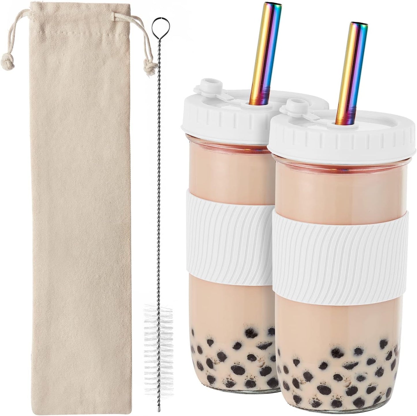 Amyoole 2 Pack Reusable Boba Cup, 24Oz Wide Mouth Smoothie Cup,mason Jar Glass Cups with Lids and Straws,Bubble/Boba Tea Cups,Ice Coffee Tumbler 2 colored straws 1 sponge brush(Pink)