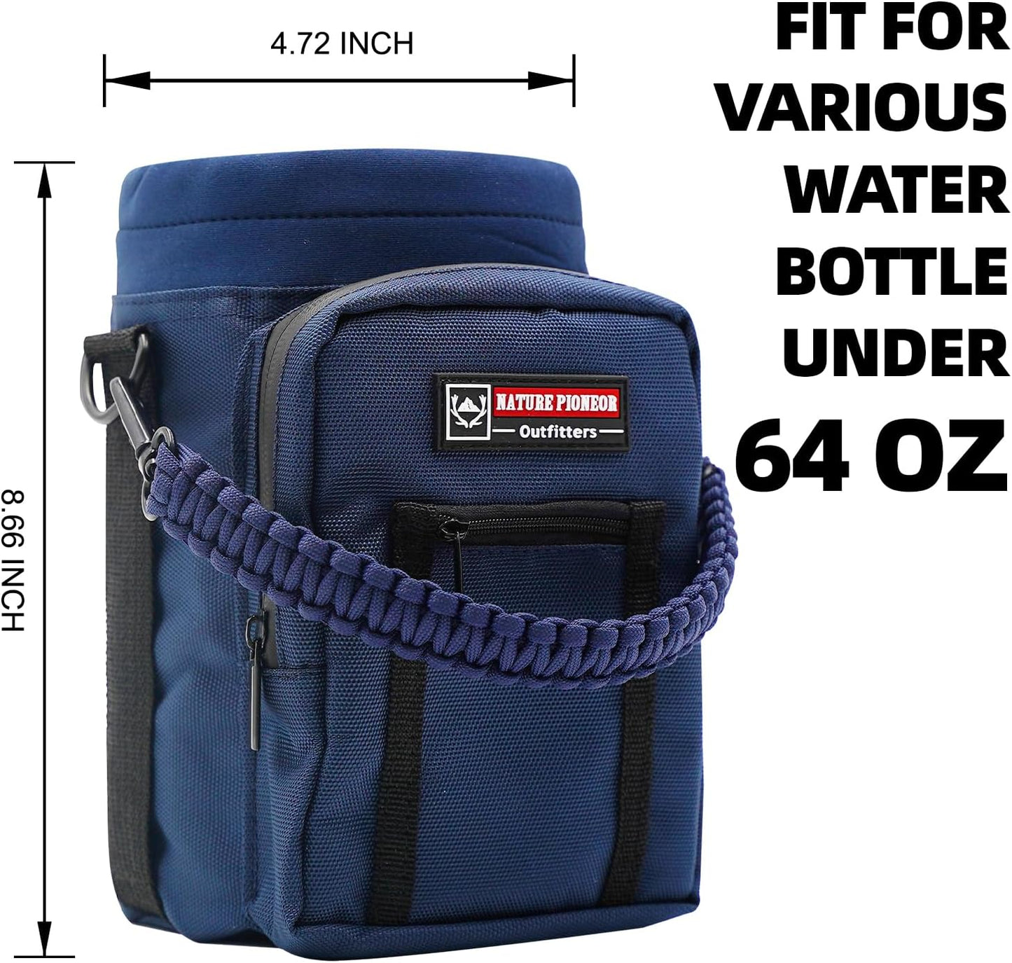 NATURE PIONEOR Water Bottle Holder with Adjustable Strap - 26/32/36/40/46/64oz Insulated Water Bottle Sling Carrier with Paracord Handle & 2 Pockets, Outdoor Sports, Hiking, Camping, Gym