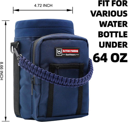 NATURE PIONEOR Water Bottle Holder with Adjustable Strap - 26/32/36/40/46/64oz Insulated Water Bottle Sling Carrier with Paracord Handle & 2 Pockets, Outdoor Sports, Hiking, Camping, Gym