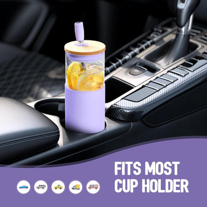 Kodrine 20oz Glass Water Tumbler with Straw and Lid, Bamboo Lids Water Bottle, Iced Coffee Cup Reusable, Wide Mouth Smoothie Cups with Protective Silicone Sleeve BPA FREE-Black - Colors A