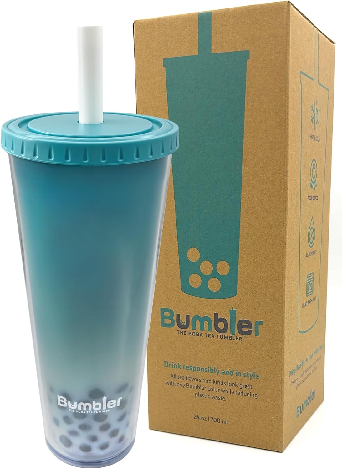 Bumbler Original Boba Tea Cup - 24oz Double-Walled Plastic Reusable Tumbler with Extra Wide Straw & Leak-Proof Lid - BPA-Free Smoothie & Iced Coffee Travel Mug - Blush Pink