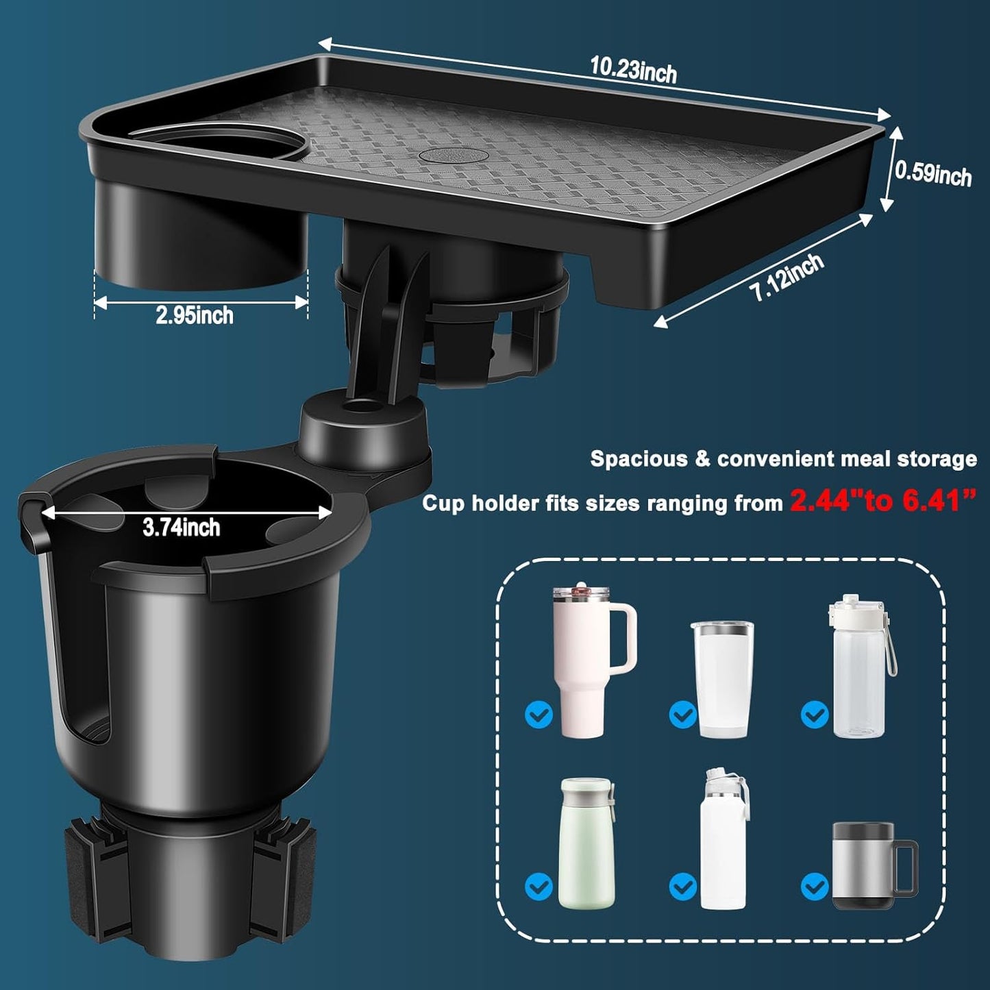 JPart Car Cup Holder Tray, Cup Holder Expander, 2 in 1 Detachable Car Food Tray with 360°Rotation Tray for Eating, Storage and Travel Road Essentials, Black