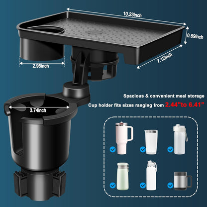 JPart Car Cup Holder Tray, Cup Holder Expander, 2 in 1 Detachable Car Food Tray with 360°Rotation Tray for Eating, Storage and Travel Road Essentials, Black