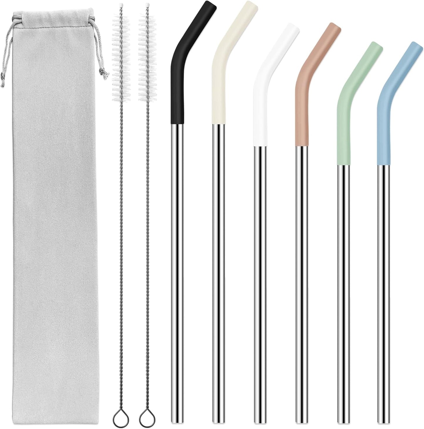 40 oz Stainless Metal Straws for 40 oz Stanley Tumbler, 6Pcs Reusable Straight Long Steel Straws with 12 Silicone Tips and 2 Straw Cleaning Brushes (6Color1, 40oz)