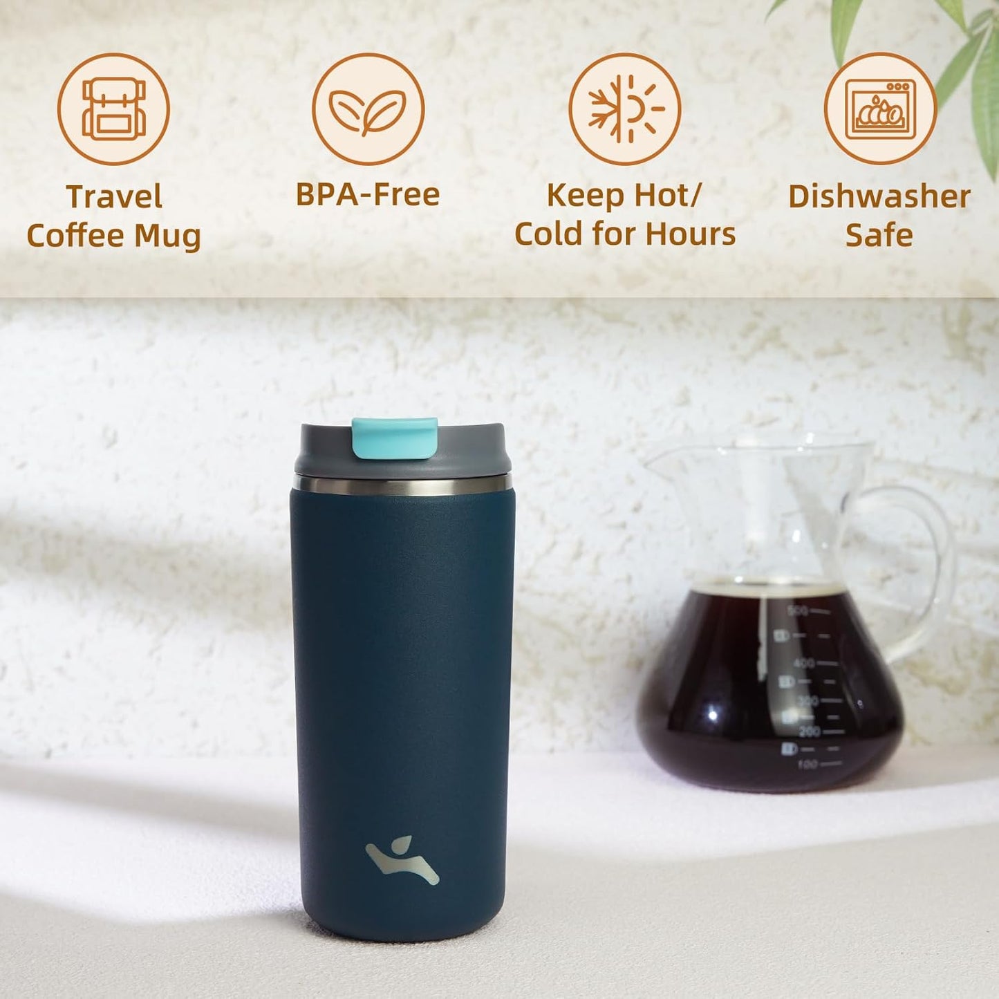 Konokyo Tumbler with Lid, 16 oz Travel Coffee Mug Double Wall Vacuum Stainless Steel Thermal Metal Cup Insulated Water Bottle,Navy Blue