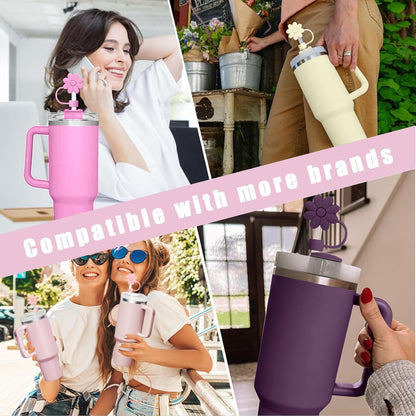 Flower Straw Covers Toppers for Stanley Cups 30&40 Oz Tumbler with Handle Accessories 4PCS Silicone Straw Caps Reusable Straws Tips Protectors for Stanley Cup 10mm 0.4in Straws,Off White