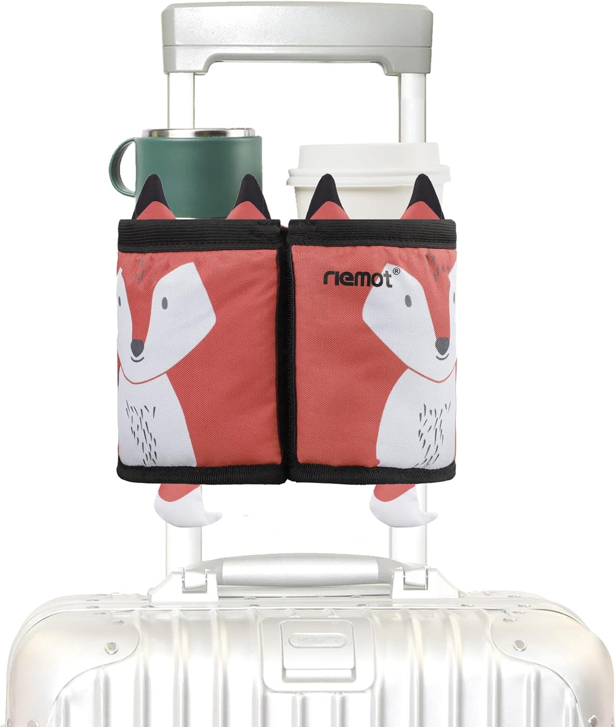 riemot Luggage Travel Cup Holder Free Hand Drink Carrier - Hold Two Coffee Mugs - Fits Roll on Suitcase Handles - Gifts for Flight Attendants Travelers Accessories Carbon Black